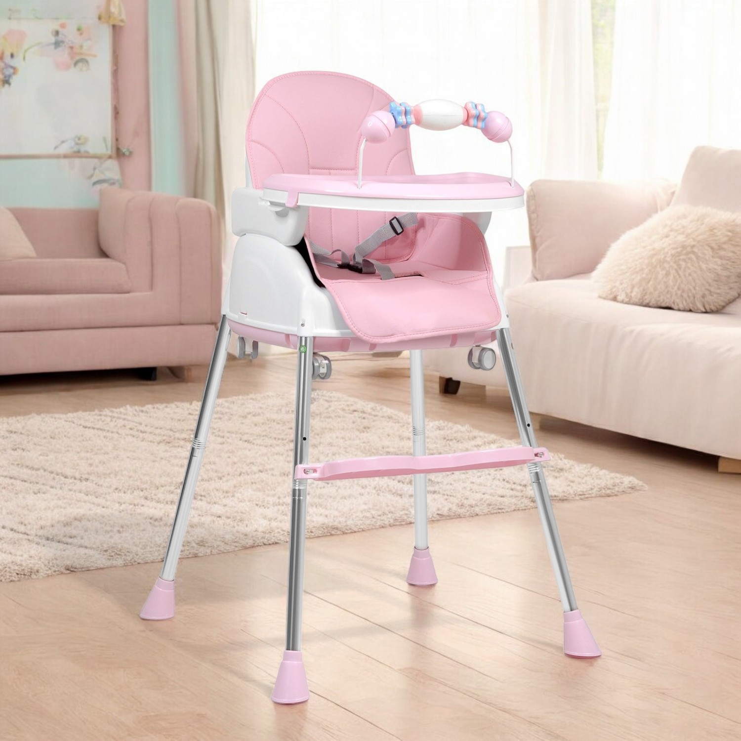Silla Alta Periquera 4 En 1  Bebe Ajustable Comer Rosa