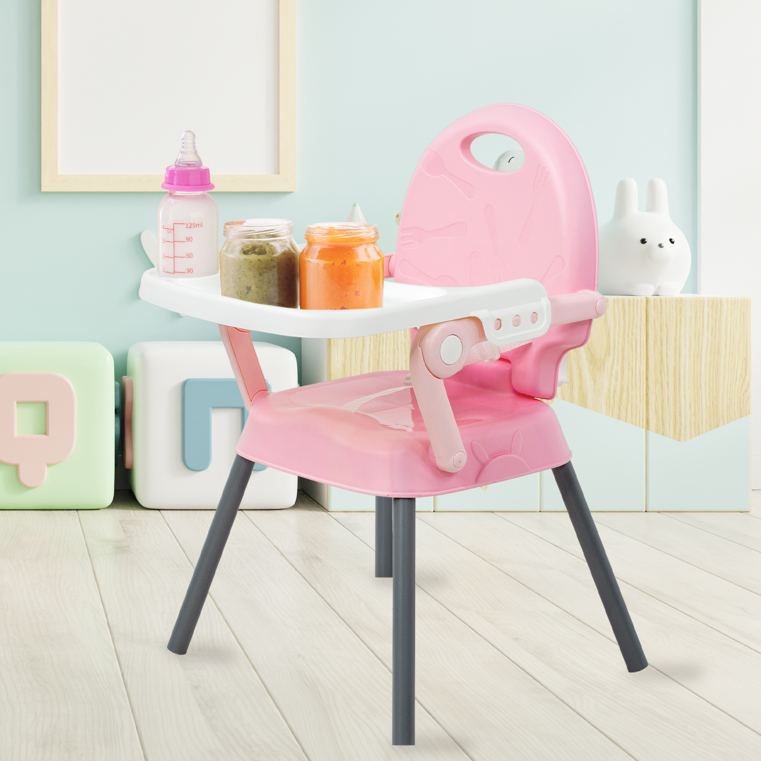 Silla Periquera Alta Bebe Plegable 3 En 1 Bandeja Ajustable