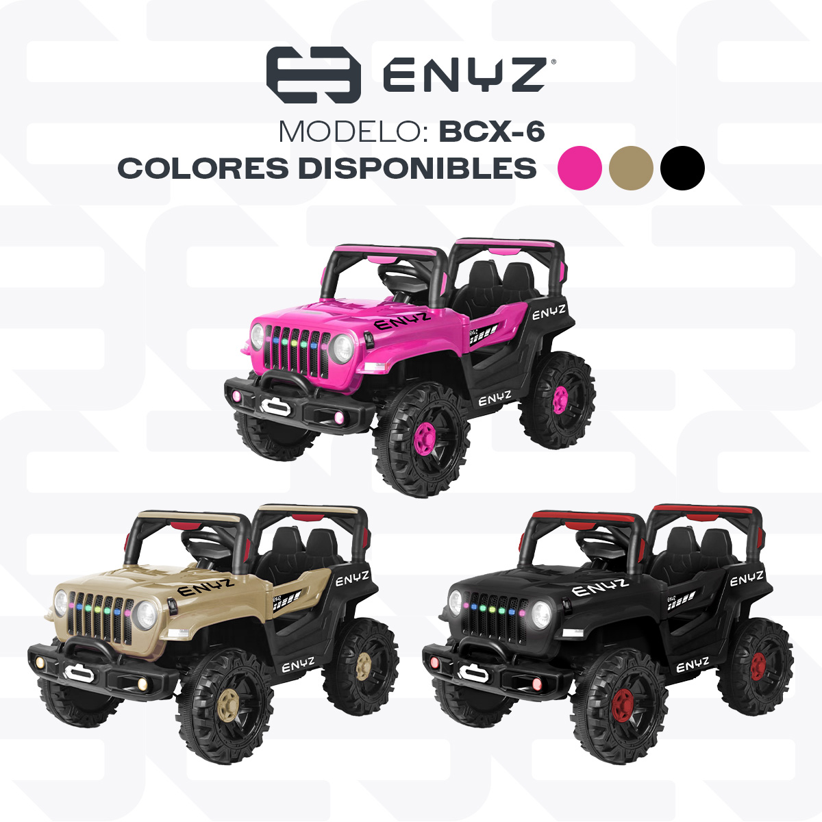 Camioneta Jeep Montable para niña niño Eléctrico Carro Todo terreno Con Control Remoto BCX-6 Enyz luces frontales con multi Led Música Bluetooth Edades de 1 a 4 años