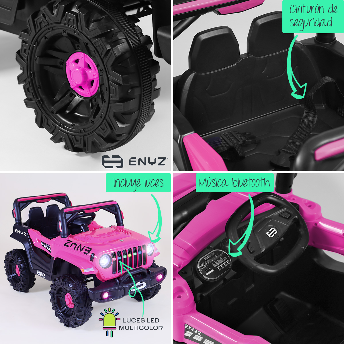 Camioneta Jeep Montable para niña niño Eléctrico Carro Todo terreno Con Control Remoto BCX-6 Enyz luces frontales con multi Led Música Bluetooth Edades de 1 a 4 años