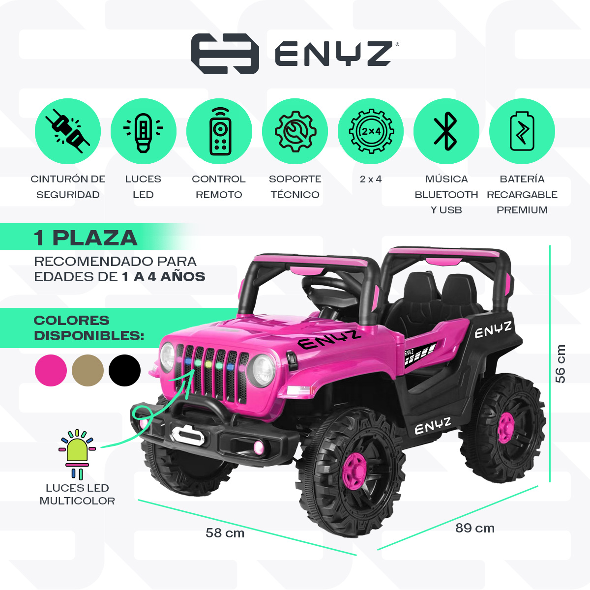 Camioneta Jeep Montable para niña niño Eléctrico Carro Todo terreno Con Control Remoto BCX-6 Enyz luces frontales con multi Led Música Bluetooth Edades de 1 a 4 años
