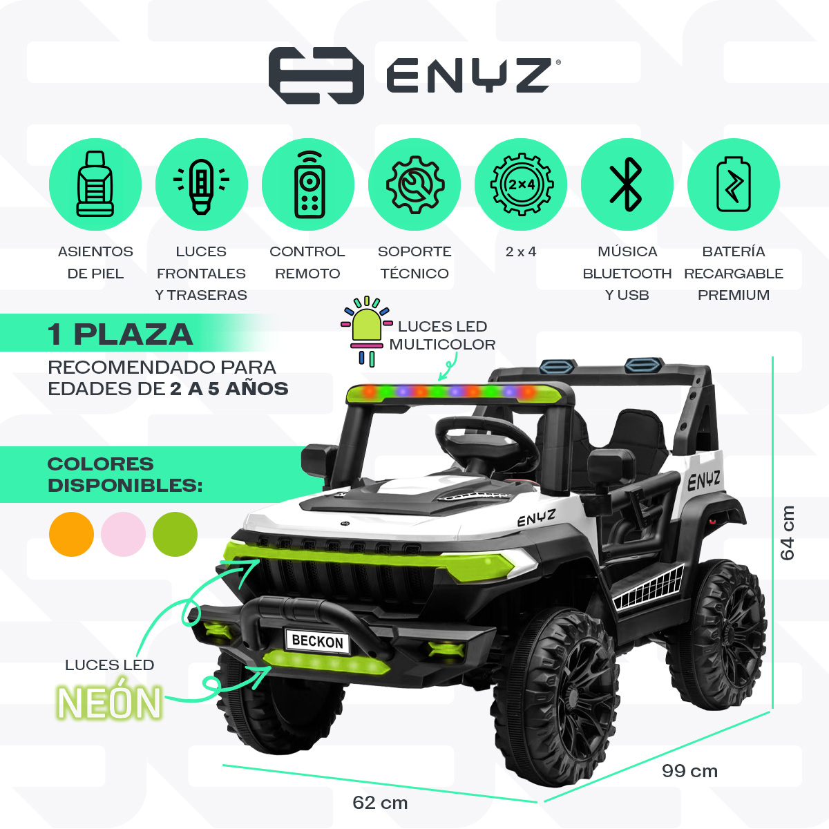 Camioneta Montable Eléctrico Con Control Remoto para niña niño con asientos de piel carro Todo terreno BCX-7 Enyz Led neon y muticolor Música Bluetooth edades de 2 a 5 años