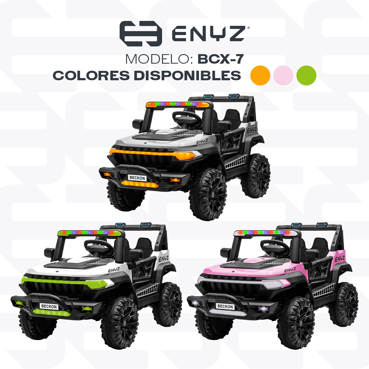 Camioneta Montable Eléctrico Con Control Remoto para niña niño con asientos de piel carro Todo terreno BCX-7 Enyz Led neon y muticolor Música Bluetooth edades de 2 a 5 años