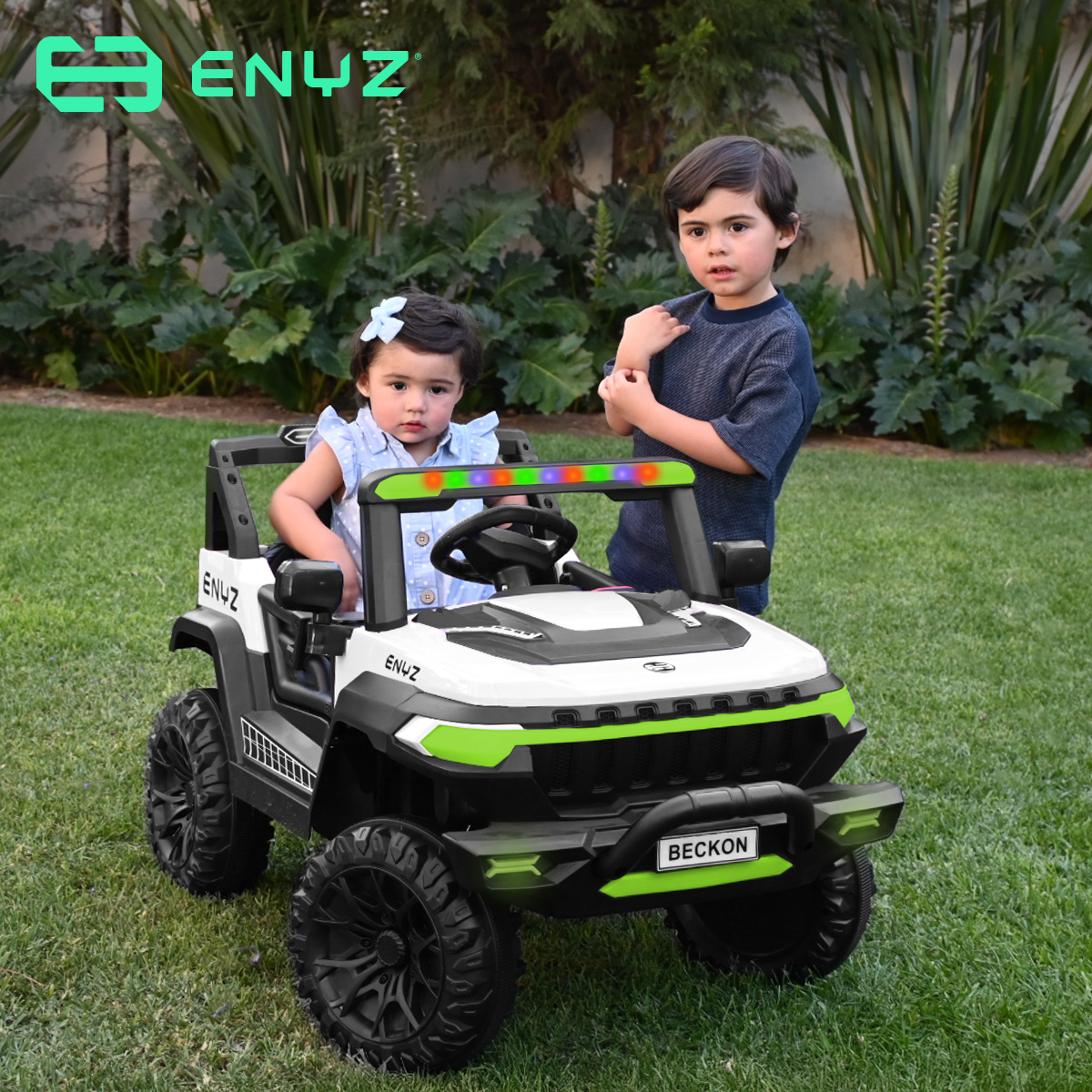 Camioneta Montable Eléctrico Con Control Remoto para niña niño con asientos de piel carro Todo terreno BCX-7 Enyz Led neon y muticolor Música Bluetooth edades de 2 a 5 años