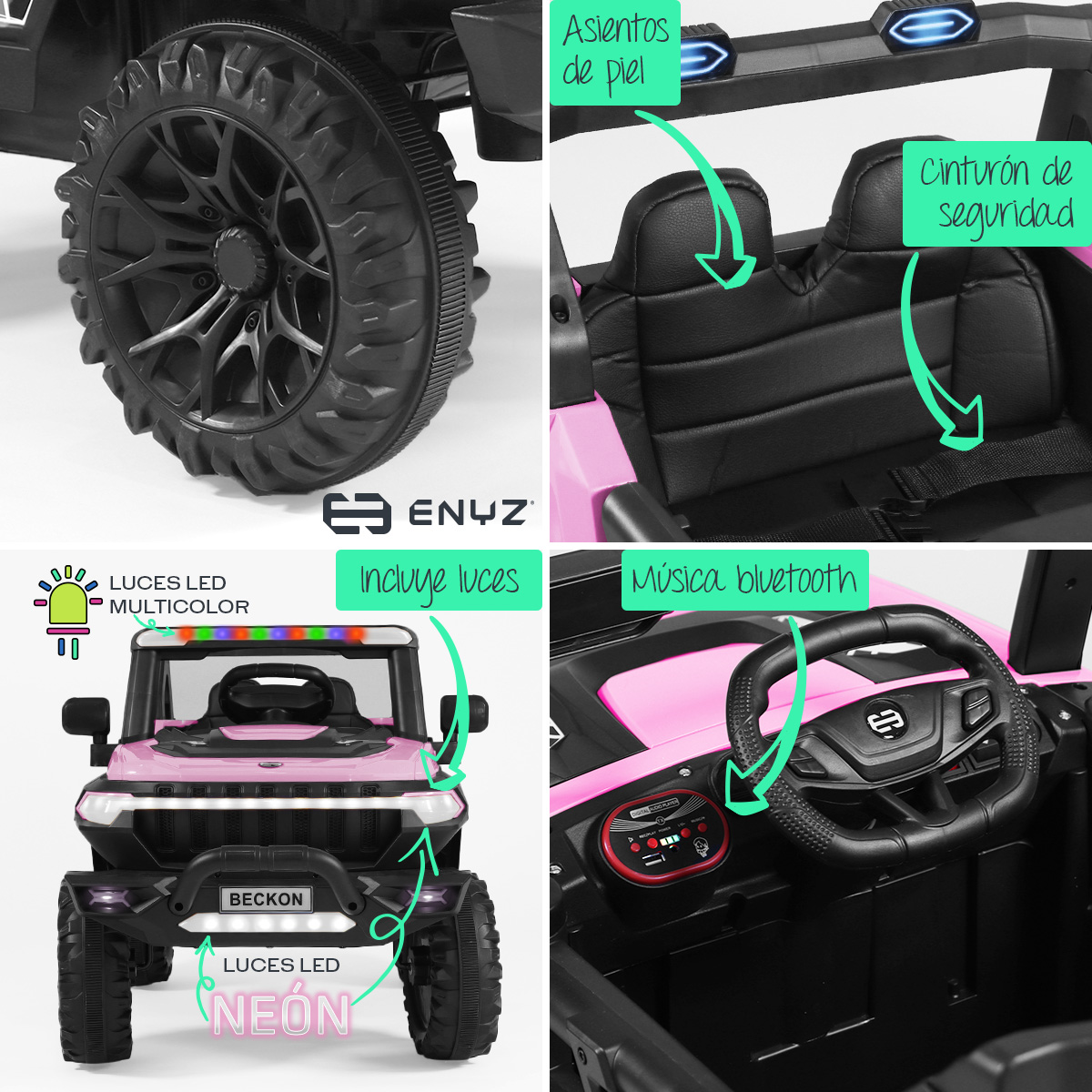 Camioneta Montable Eléctrico Con Control Remoto para niña niño con asientos de piel carro Todo terreno BCX-7 Enyz Led neon y muticolor Música Bluetooth edades de 2 a 5 años