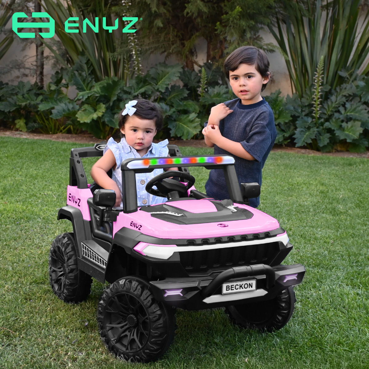 Camioneta Montable Eléctrico Con Control Remoto para niña niño con asientos de piel carro Todo terreno BCX-7 Enyz Led neon y muticolor Música Bluetooth edades de 2 a 5 años