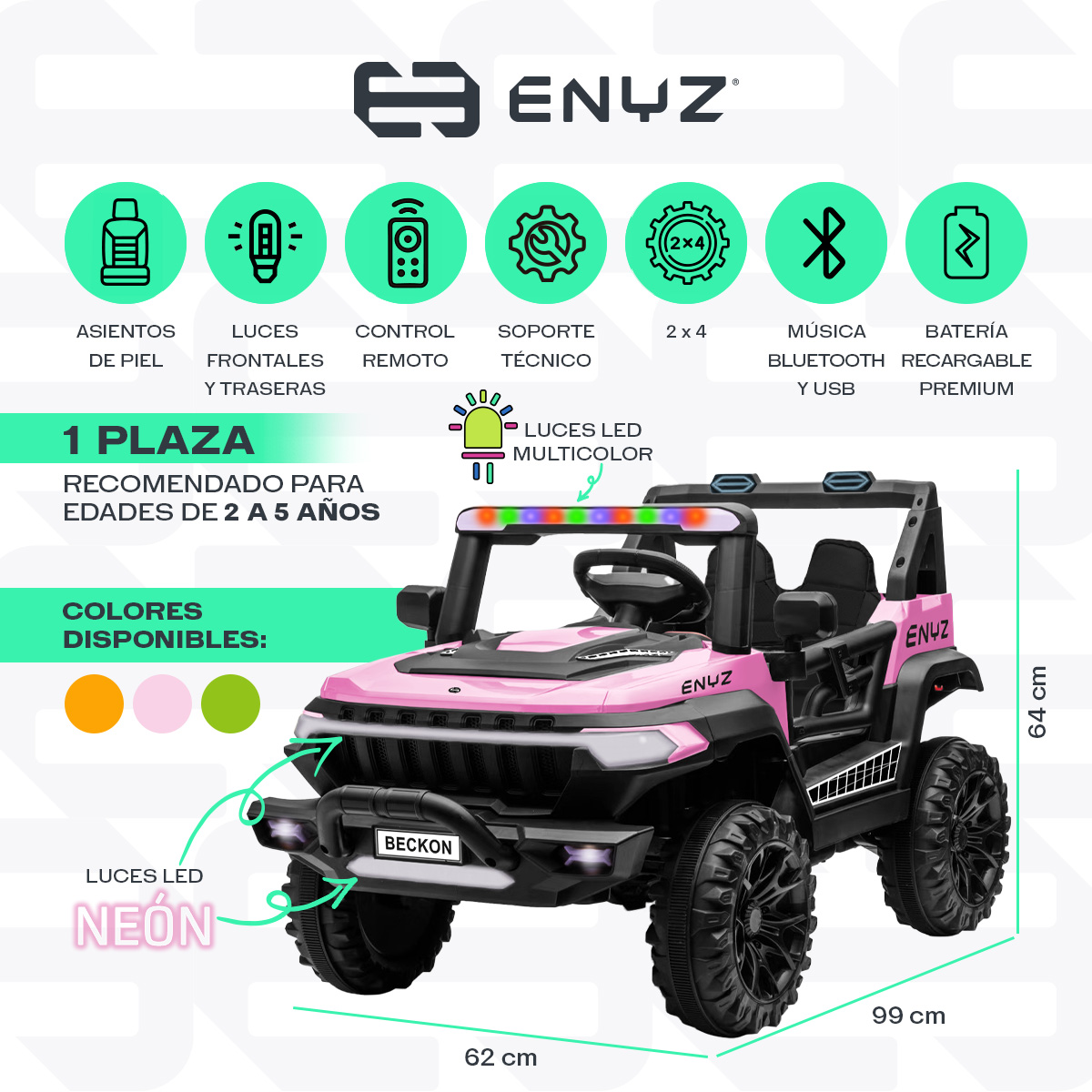 Camioneta Montable Eléctrico Con Control Remoto para niña niño con asientos de piel carro Todo terreno BCX-7 Enyz Led neon y muticolor Música Bluetooth edades de 2 a 5 años