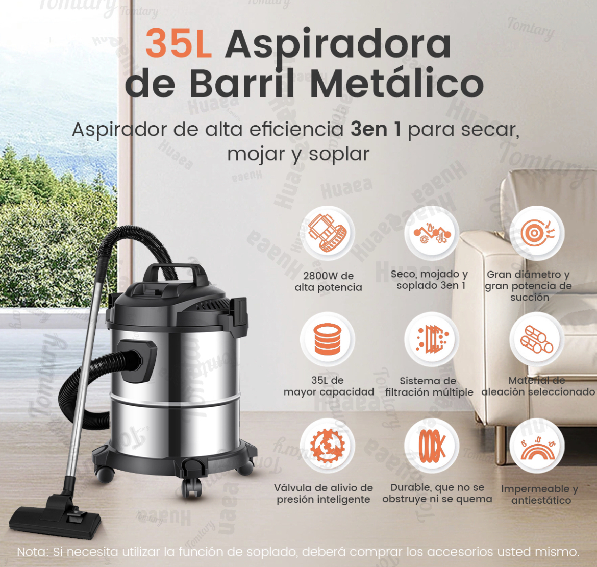 Aspiradora De Tacho Industrial 2800w 35l Con 6m Cable 3 En 1