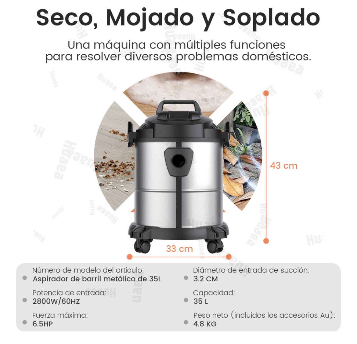 Aspiradora De Tacho Industrial 2800w 35l Con 6m Cable 3 En 1