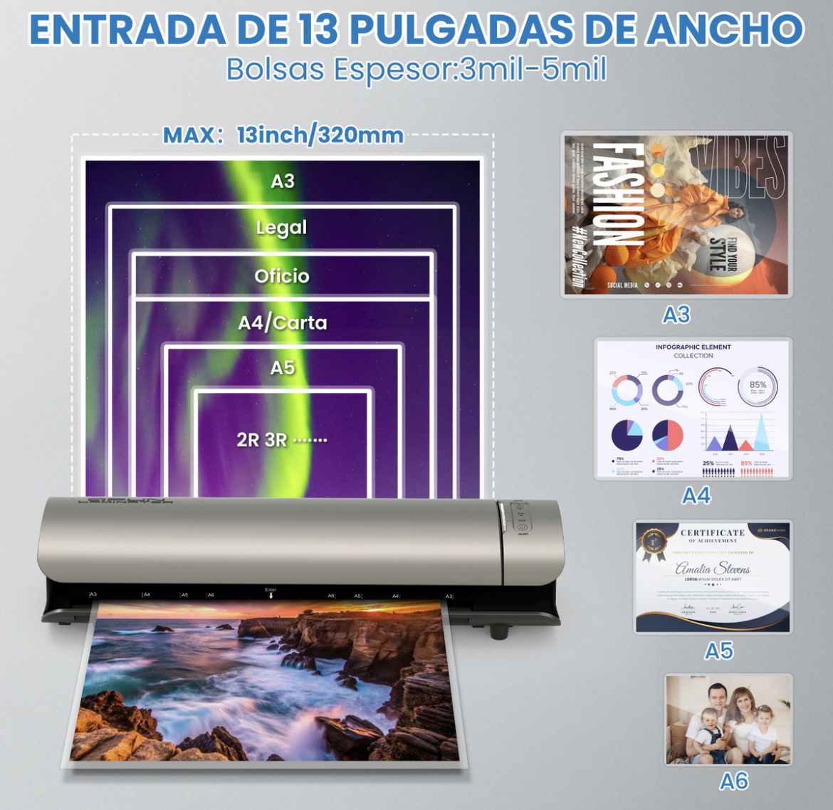 Laminadora Enmicadora 13 Pulgadas Térmica Frío Y Foil Compatible Con Carta a4 oficio legal tabloide a3 30 Micas Incluidas Para Uso En Oficina Y Hogar Qfun ML-MX-SL999-S
