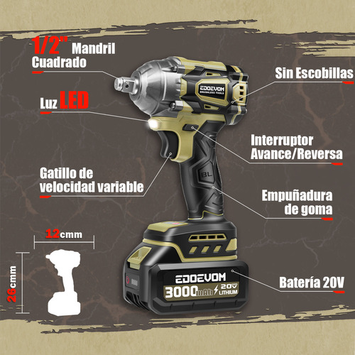 Llave De Impacto Inalámbrico Kit Edoevom Con 2baterías 3.0ah