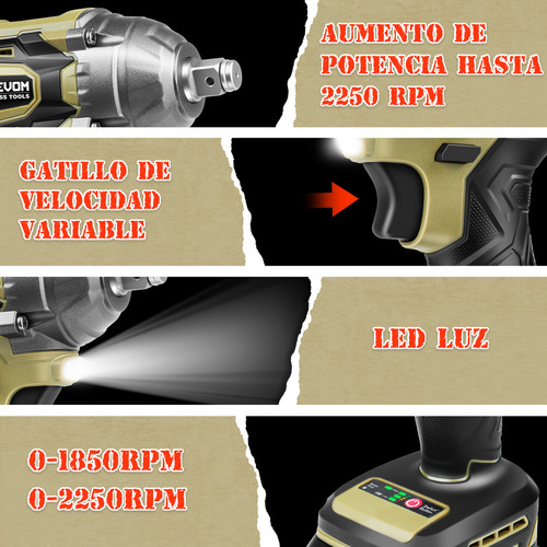 Llave De Impacto Inalámbrico Kit Edoevom Con 2baterías 3.0ah