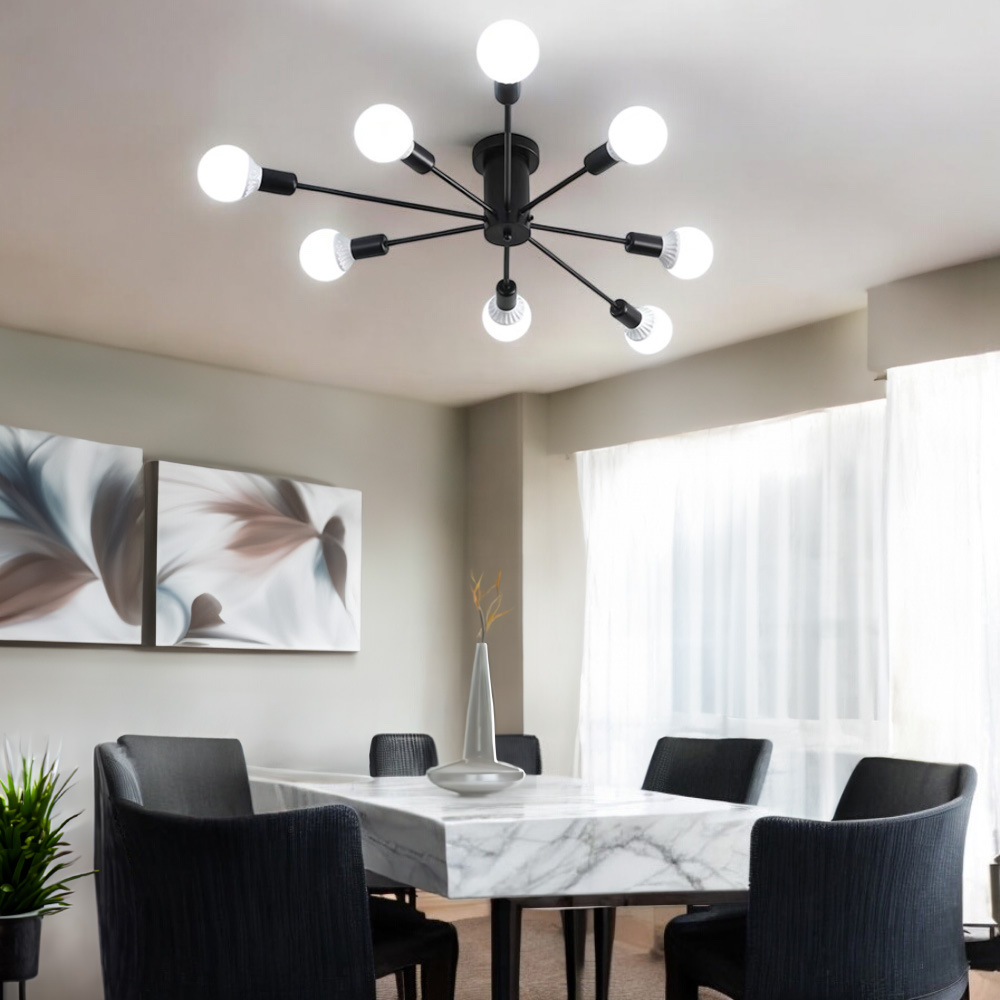 Lampara de techo estilo industrial hierro forjado minimalista negro con blanco 8 luces