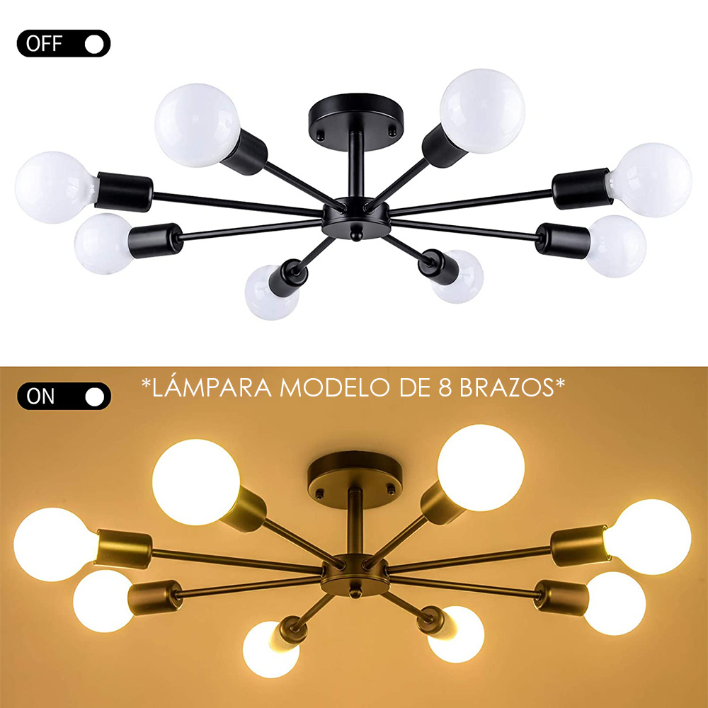 Lampara de techo estilo industrial hierro forjado minimalista negro con blanco 8 luces