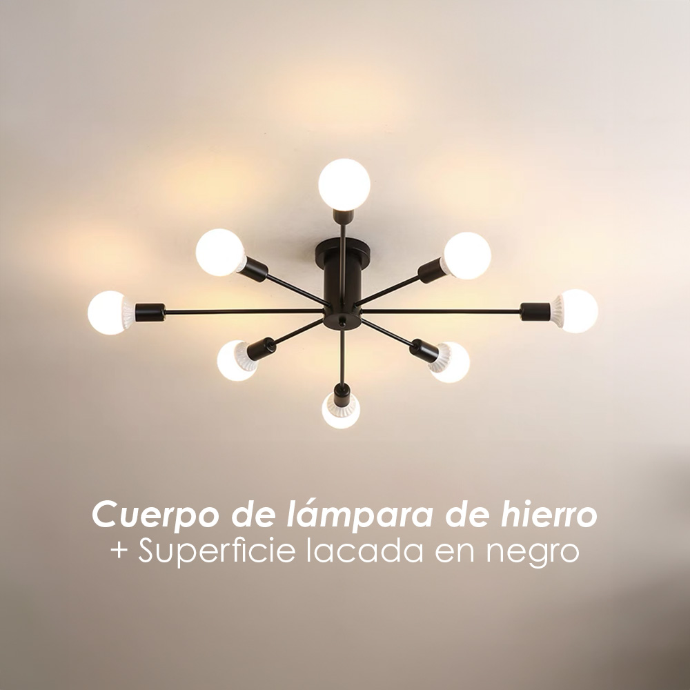 Lampara de techo estilo industrial hierro forjado minimalista negro con blanco 8 luces