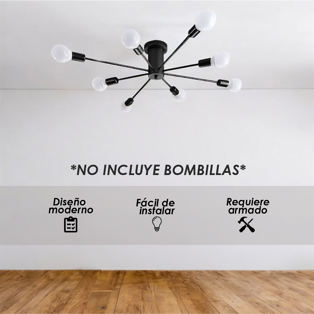 Lampara de techo estilo industrial hierro forjado minimalista negro con blanco 8 luces