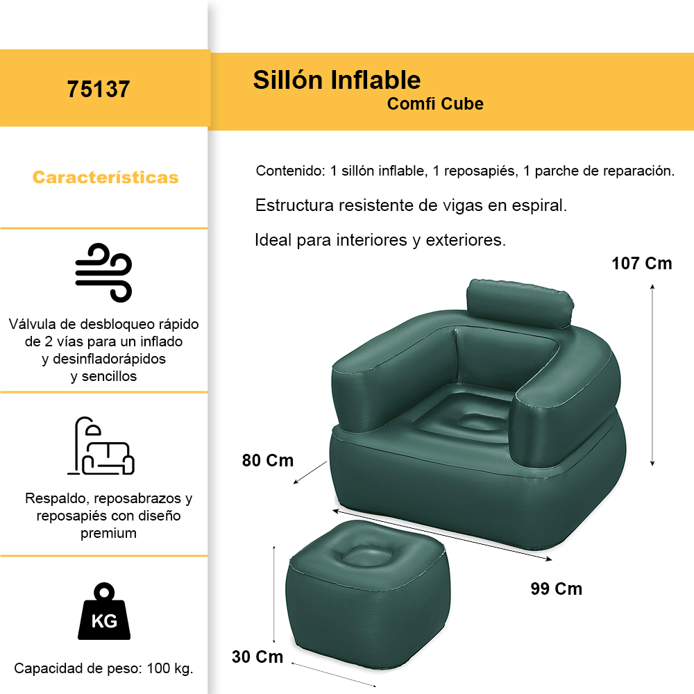 Sillon Inflable Bestway Reposable Comfi Cube Calidad Premium Verde