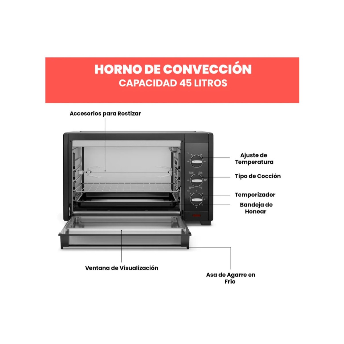 Horno Tostador de Convección Chefman 45 Litros Negro RJ25-M45BLACK