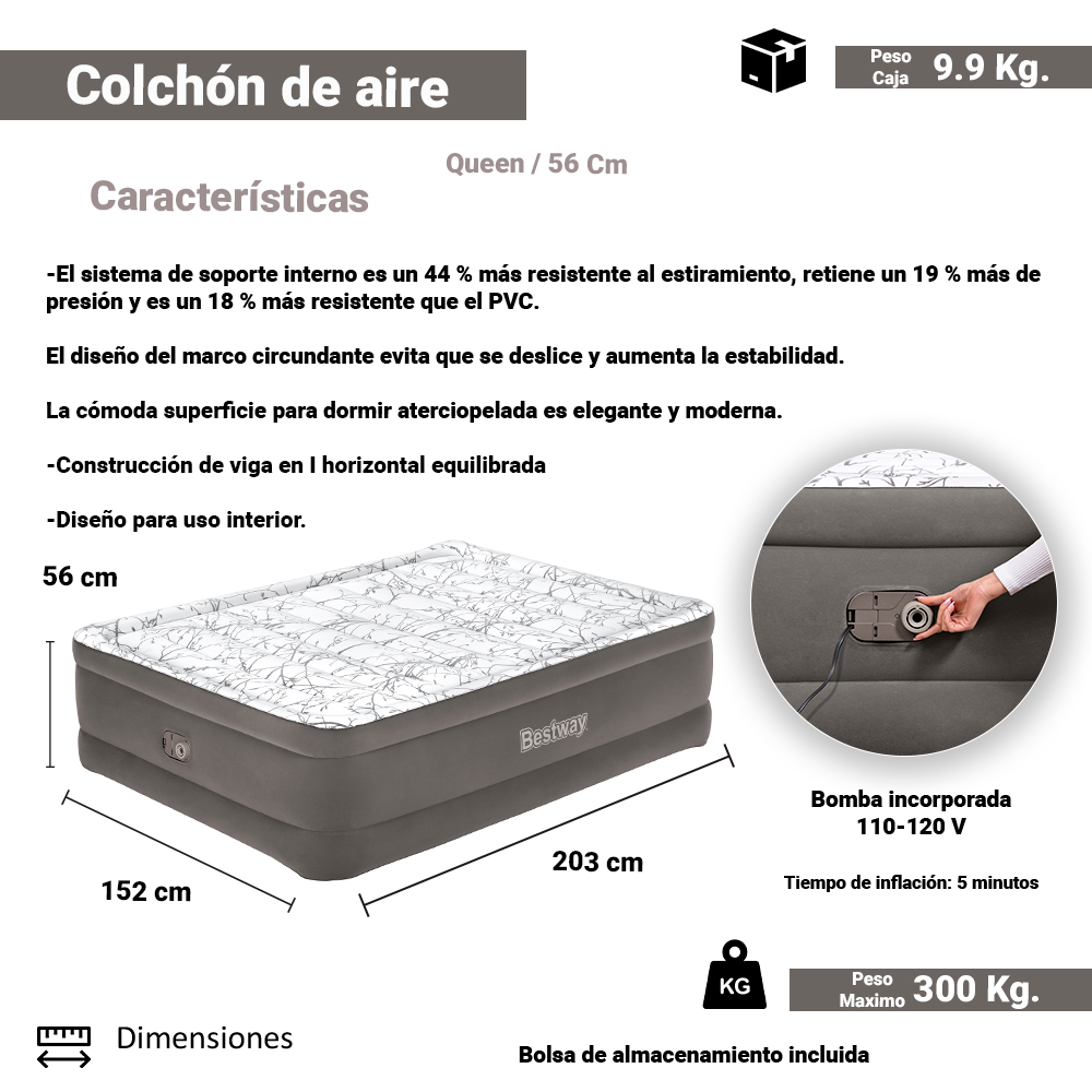 Colchon Inflable Bestway Queen Size Doble Altura Con Bomba