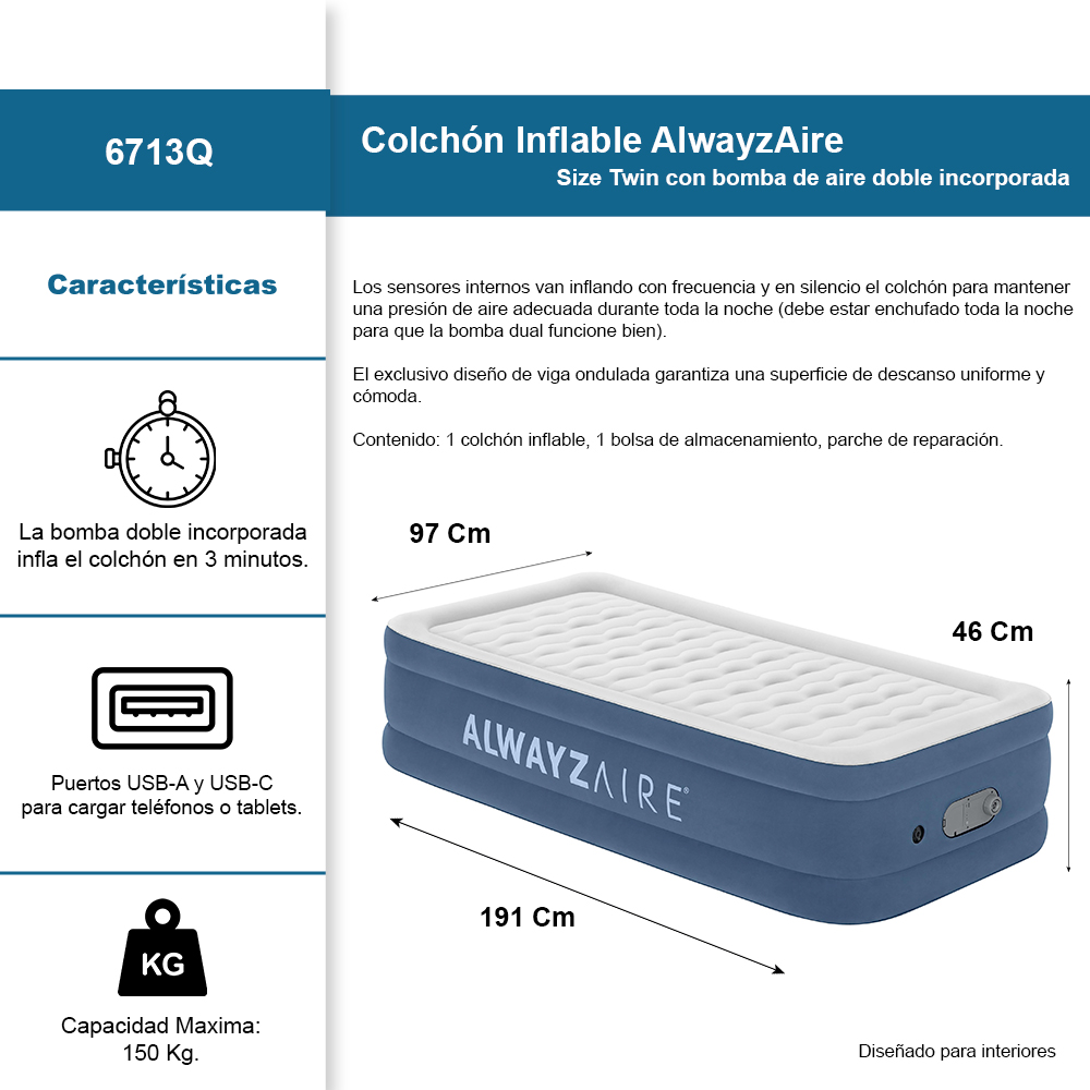 Colchon Inflable Individual Alwayzaire Bestway Con Bomba Int