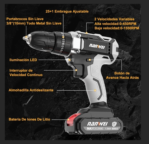 Taladro Atornillador Inalámbrico Nanwei ZRD620H 2 Baterías de Litio 21v Color Gris