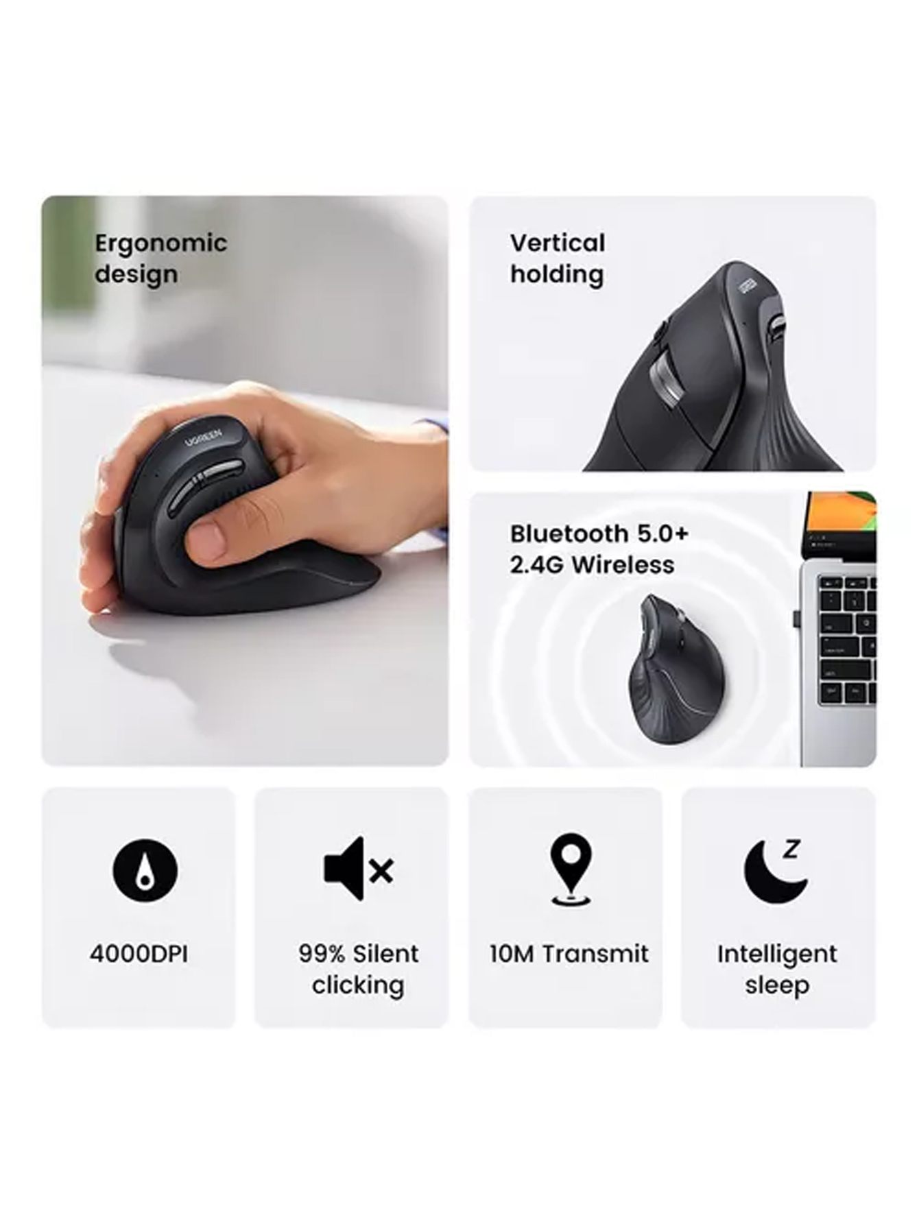 Mouse Vertical Inalámbrico 4000dpi 6 Botones Ergonómico Confort UGREEN