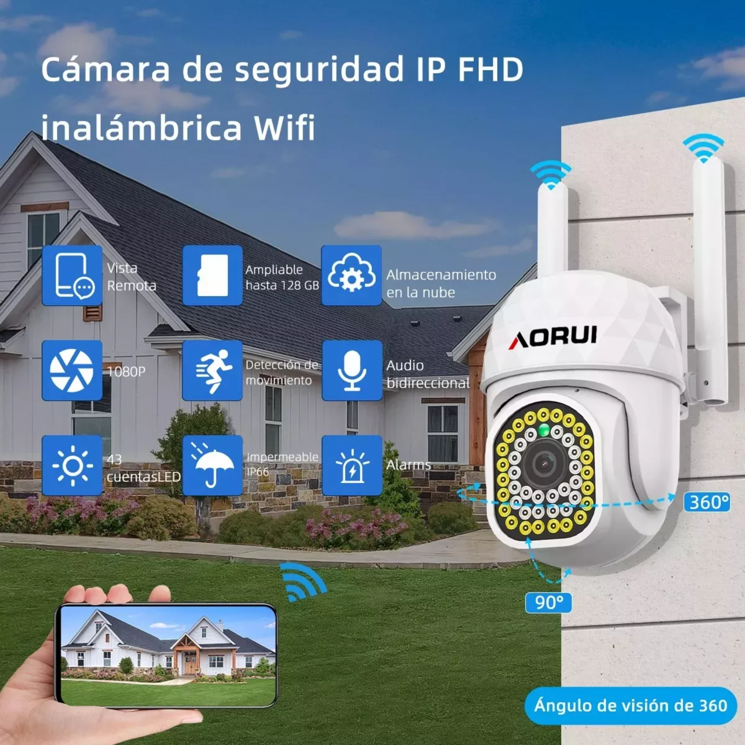 2pcs Cámara de seguridad AORUI AR43 IP con resolución 2MP visión nocturna incluida color blanco