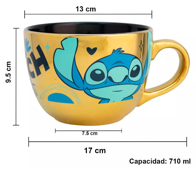 Tazon Stitch Disney Metalizado Cerealero Ceramica Dorado Taza Jumbo Tarro 710 ml