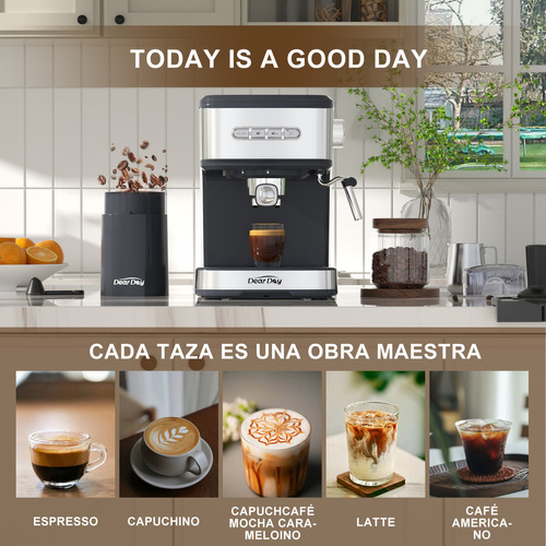 Dear Day Cafetera Con Molinillo Integrado, Mango For Capsules, Prensa De Café, Jarra De Espuma, Tapete Para Prensado, Cuchara Dosificadora Y Cepillo De Limpieza