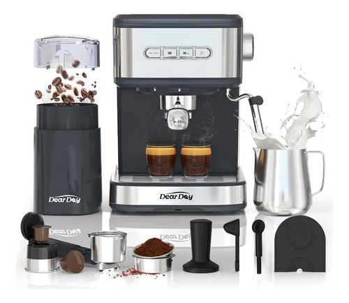 Dear Day Cafetera Con Molinillo Integrado, Mango For Capsules, Prensa De Café, Jarra De Espuma, Tapete Para Prensado, Cuchara Dosificadora Y Cepillo De Limpieza