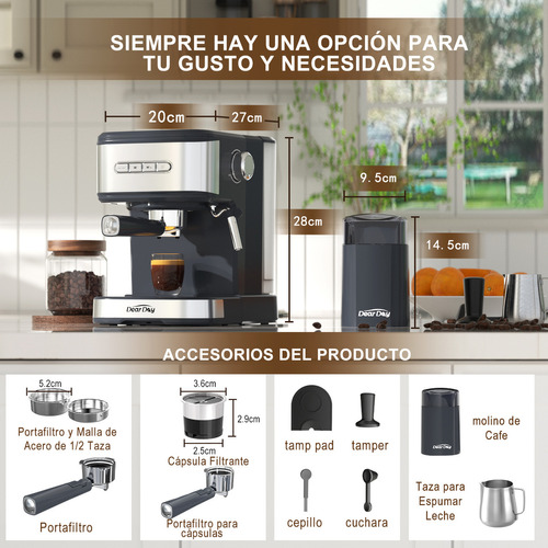 Dear Day Cafetera Con Molinillo Integrado, Mango For Capsules, Prensa De Café, Jarra De Espuma, Tapete Para Prensado, Cuchara Dosificadora Y Cepillo De Limpieza
