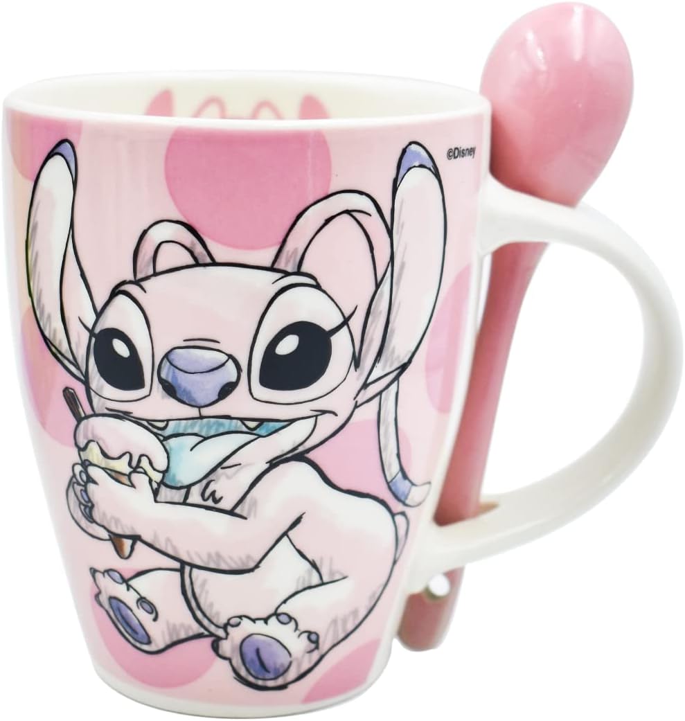 Stitch Juego de 2 Tazas de Pareja con cucharas Disney Lilo & Stitch Tarros de Ceramica capacidad 310 ml Novios Dia de San Valentin Dia del Amor