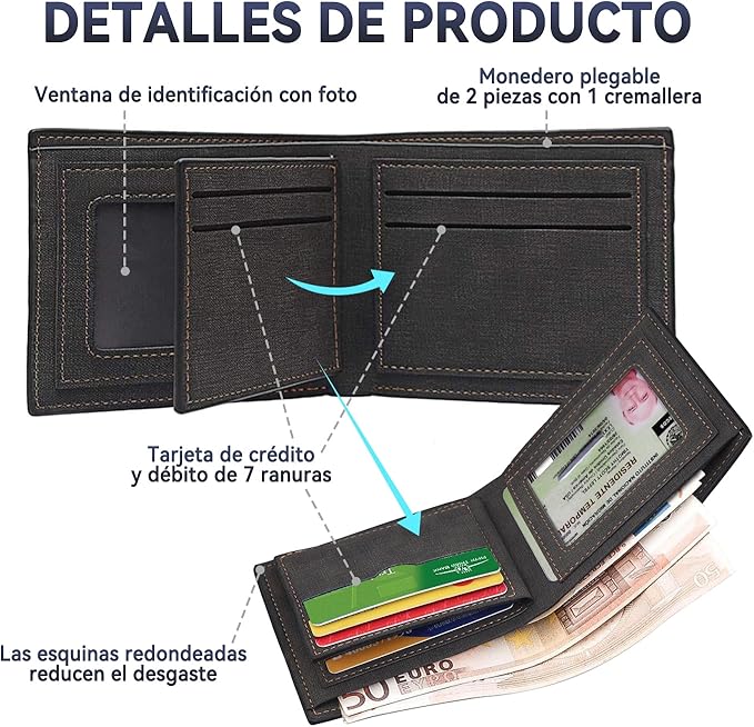 Cartera Hombre con Bloqueo RFID, Cartera de Piel para Caballero