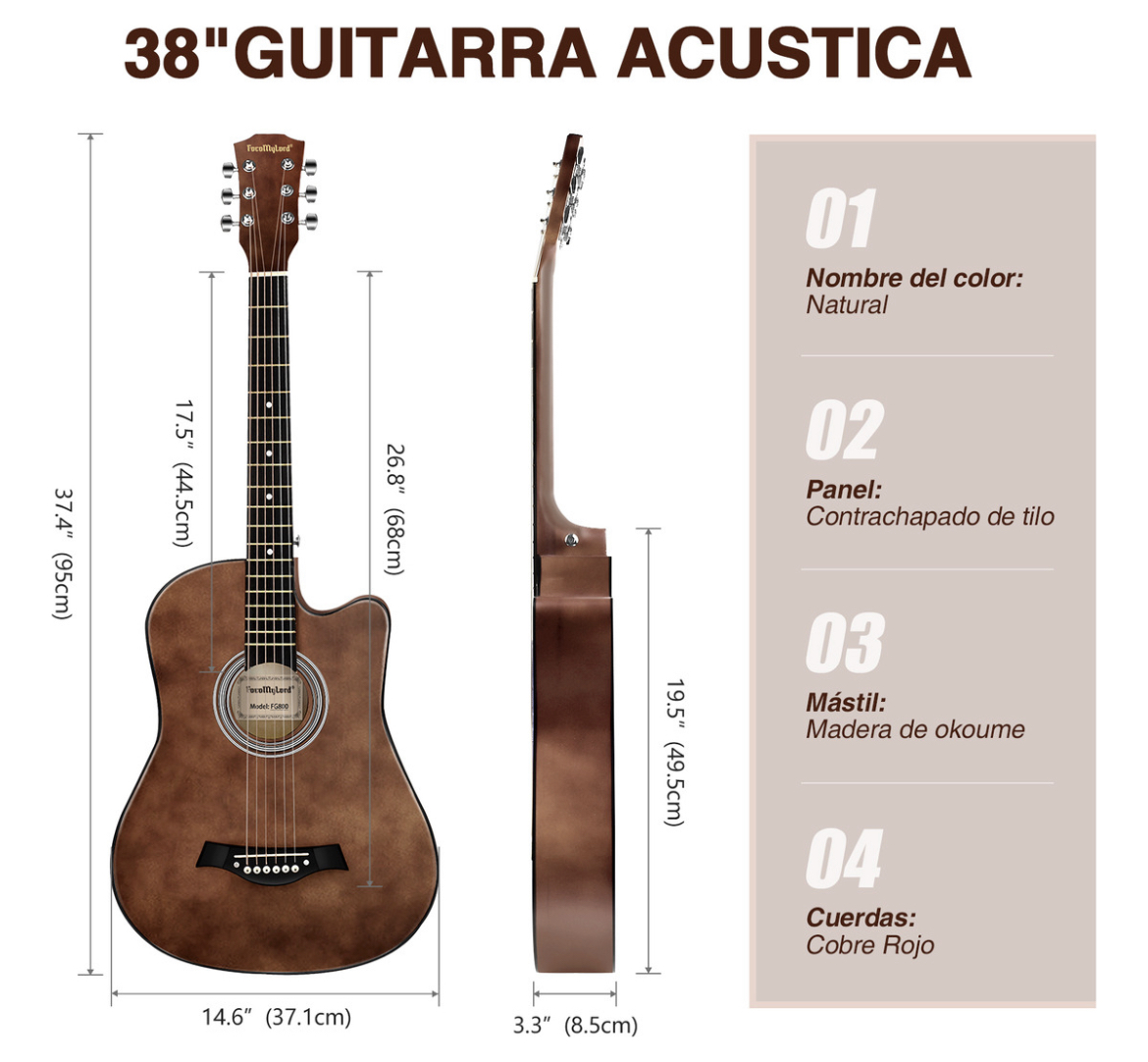 Guitarra Acústica Clasica 38 Inch Con Funda Y Accesorios,FocoMyLord FG820 Paquete para Principiantes Guitarra Diestros Con Bolsa,Cuerdas extra,Capo