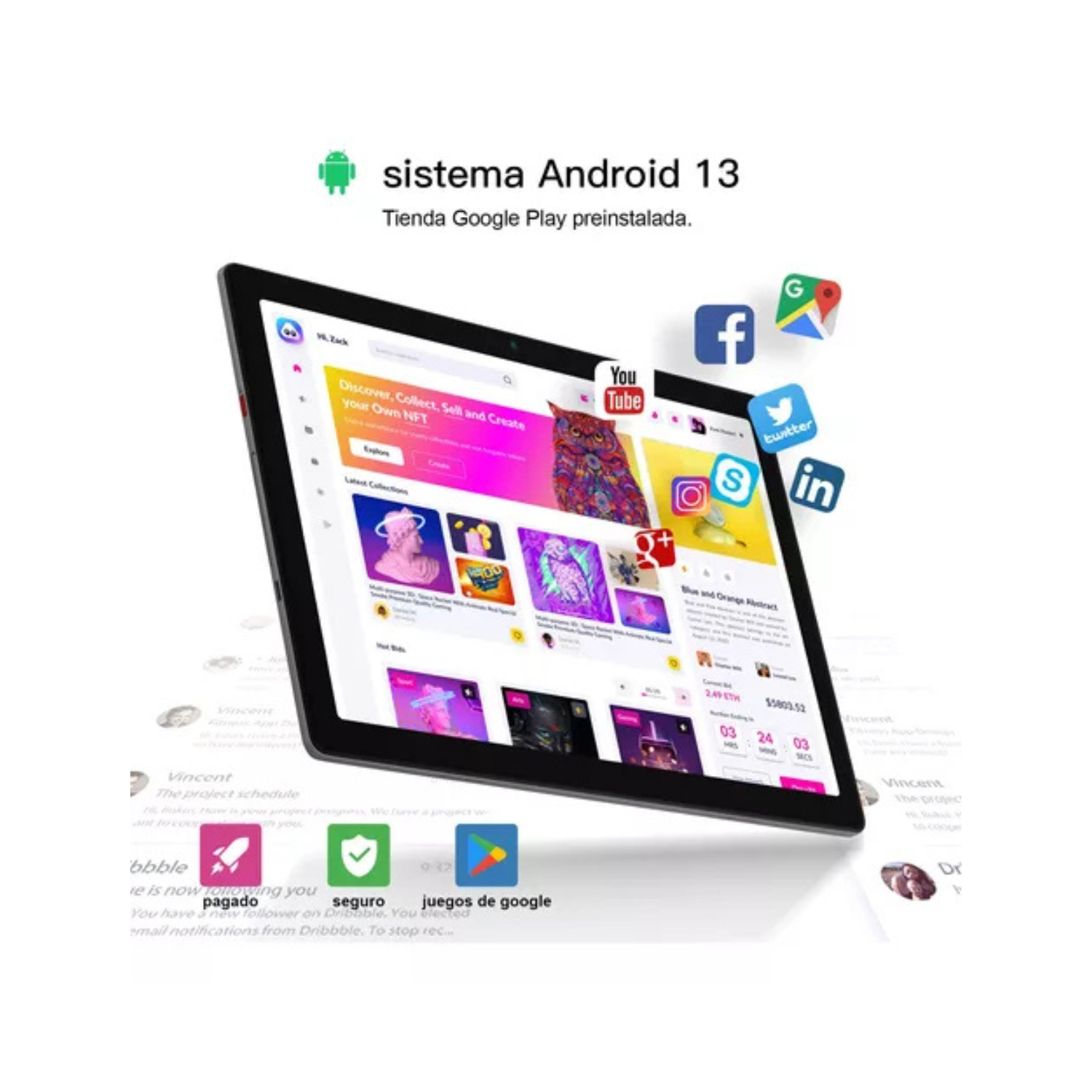 Tableta Moderness MB-1001, Android 13, pantalla de 10,1", Android 13 2+5MP Wi-Fi de 2,4GHz, Bluetooth de 4.2