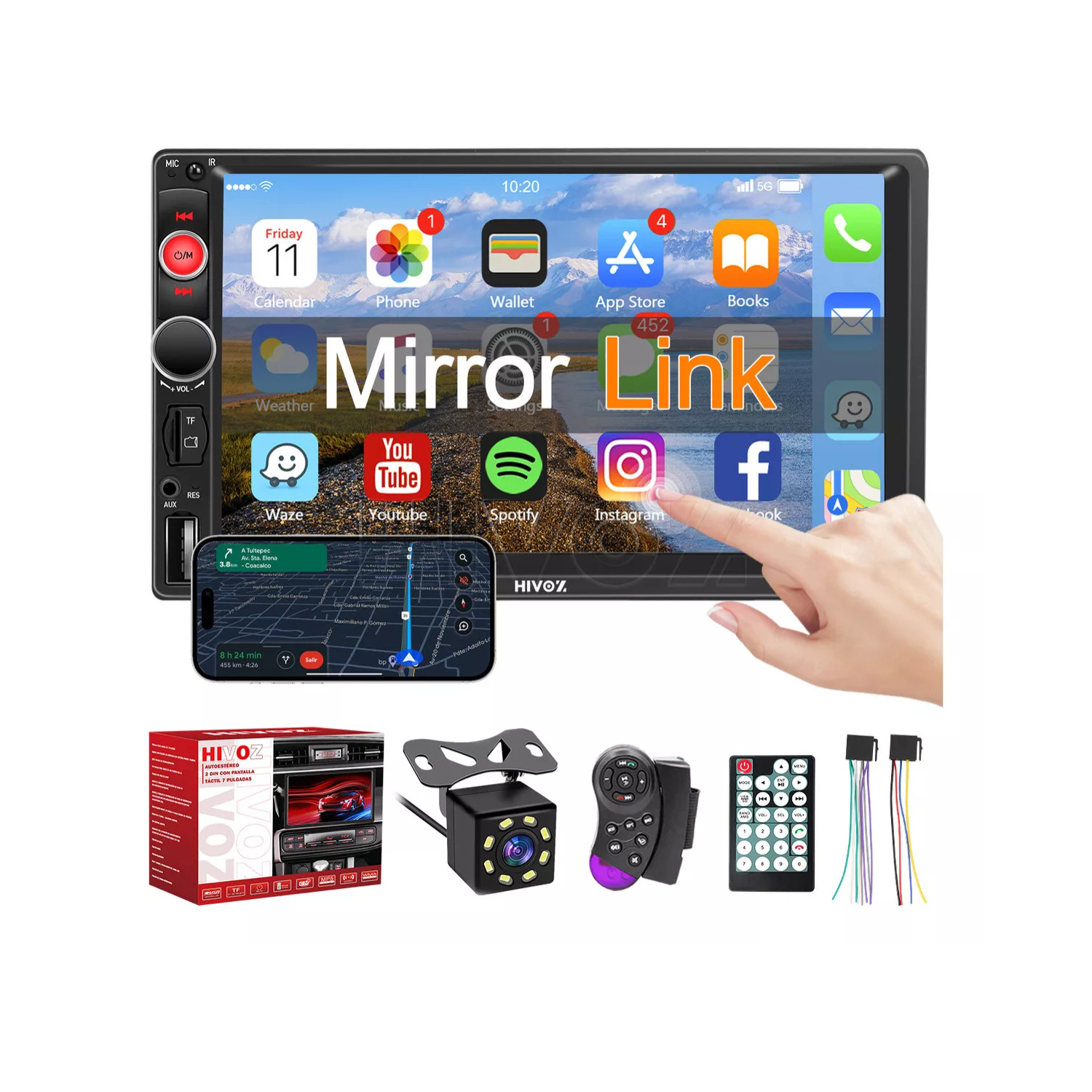 Autoestéreo Hivoz MLM29760702 7" HD, GPS incluido, Función TV, con USB y Bluetooth, compatible con Iphone 13 y Android 12 e inferiores
