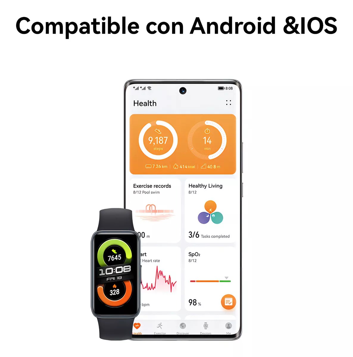 Smartwatch Huawei Band 8 1.47'' Batería Hasta 14 Días Negro Diseño de la correa Silicon