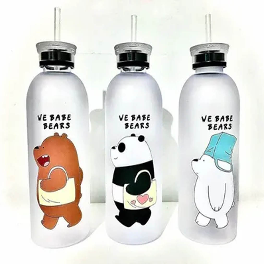 Botella De Agua Set De 3 Pz Con Popote Osos Escandalosos Pardo,Panda,Polar