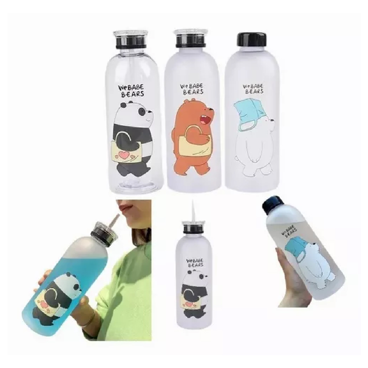 Botella De Agua Set De 3 Pz Con Popote Osos Escandalosos Pardo,Panda,Polar