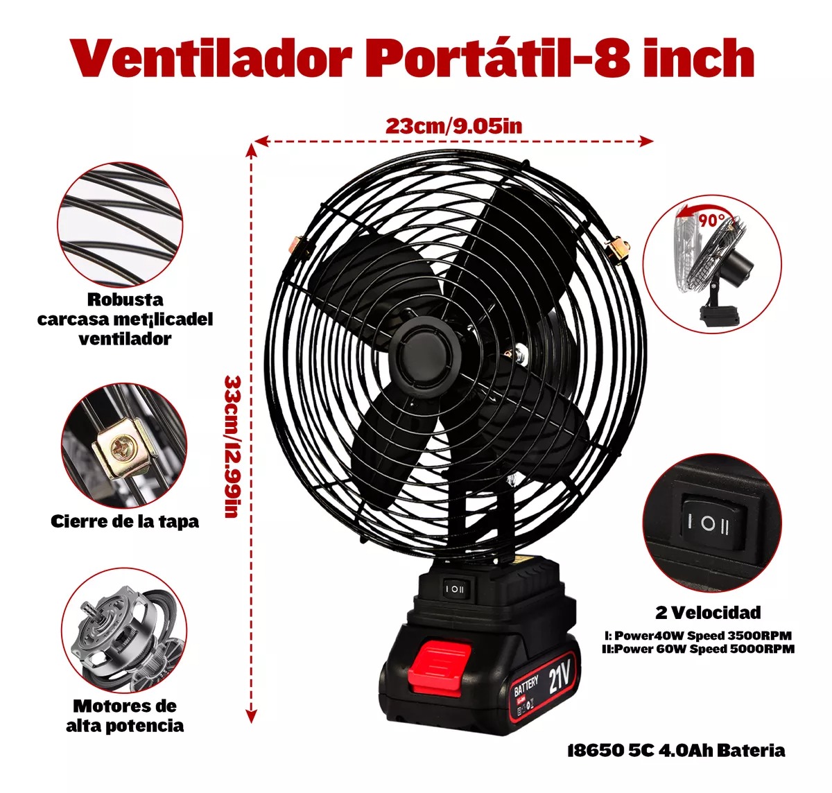 Ventilador Portátil Recargable Marcos Metálicos 2 Baterías