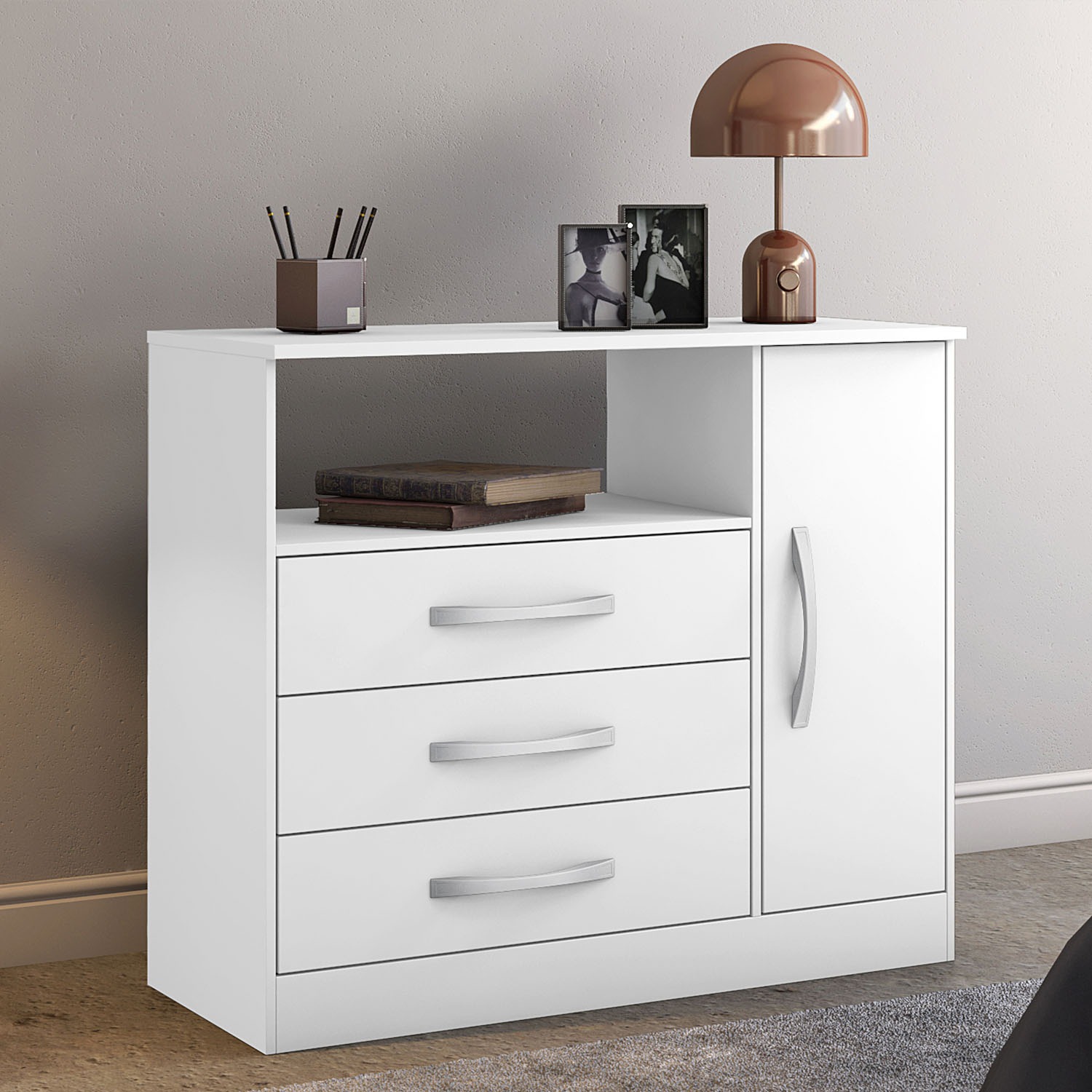 Cómoda Cajonera Moderna Con 3 Cajones 1 Puerta Color Blanco NT5075