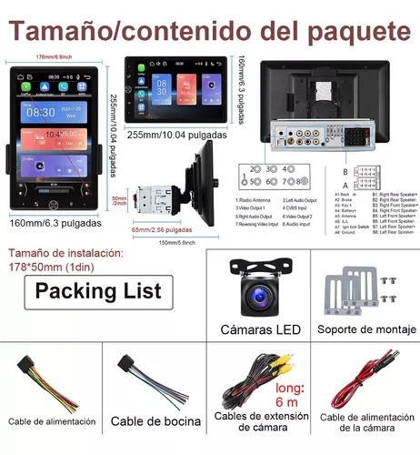 Estéreo De Pantalla Desmontable Giratorio 1din 10.4 Pulgadas
