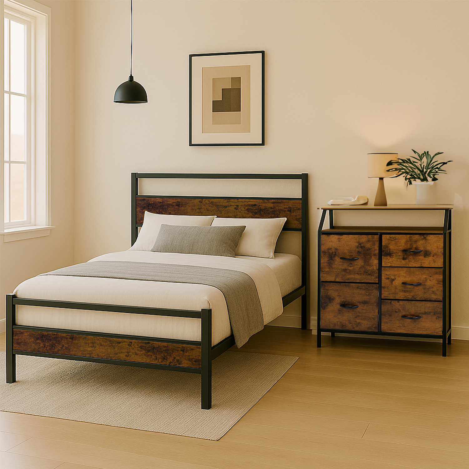 Base Cama Matrimonial Country Tipo Madera Moderna Metal Houzer