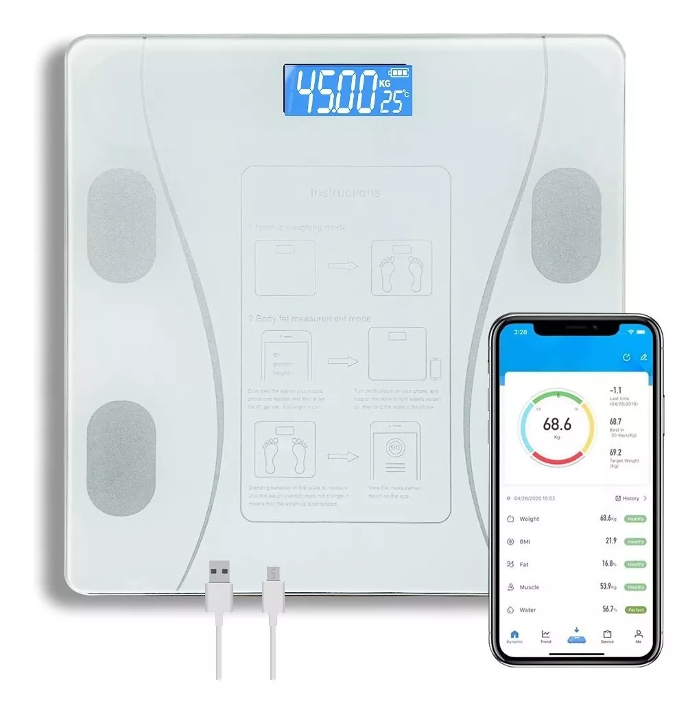 Báscula De Baño Escala De Grasa Corporal Inteligente peso, IMC, grasa corporal, agua , grasa visceral, edad corporal, masa muscular, masa ósea, proteínas, masa corporal magra, niveles de obesidad, metabolismo basal.