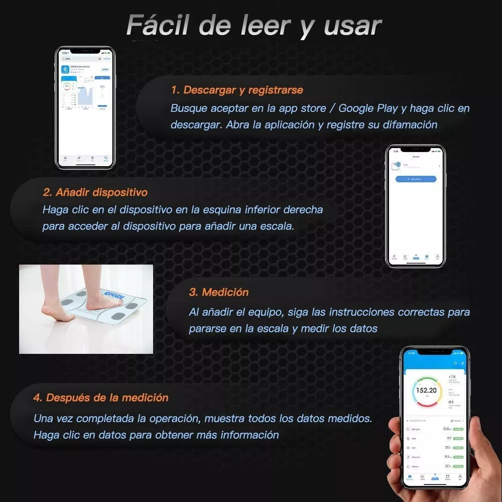 Báscula De Baño Escala De Grasa Corporal Inteligente peso, IMC, grasa corporal, agua , grasa visceral, edad corporal, masa muscular, masa ósea, proteínas, masa corporal magra, niveles de obesidad, metabolismo basal.