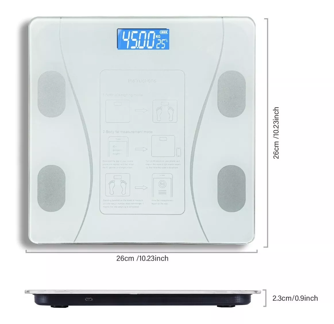 Báscula De Baño Escala De Grasa Corporal Inteligente peso, IMC, grasa corporal, agua , grasa visceral, edad corporal, masa muscular, masa ósea, proteínas, masa corporal magra, niveles de obesidad, metabolismo basal.