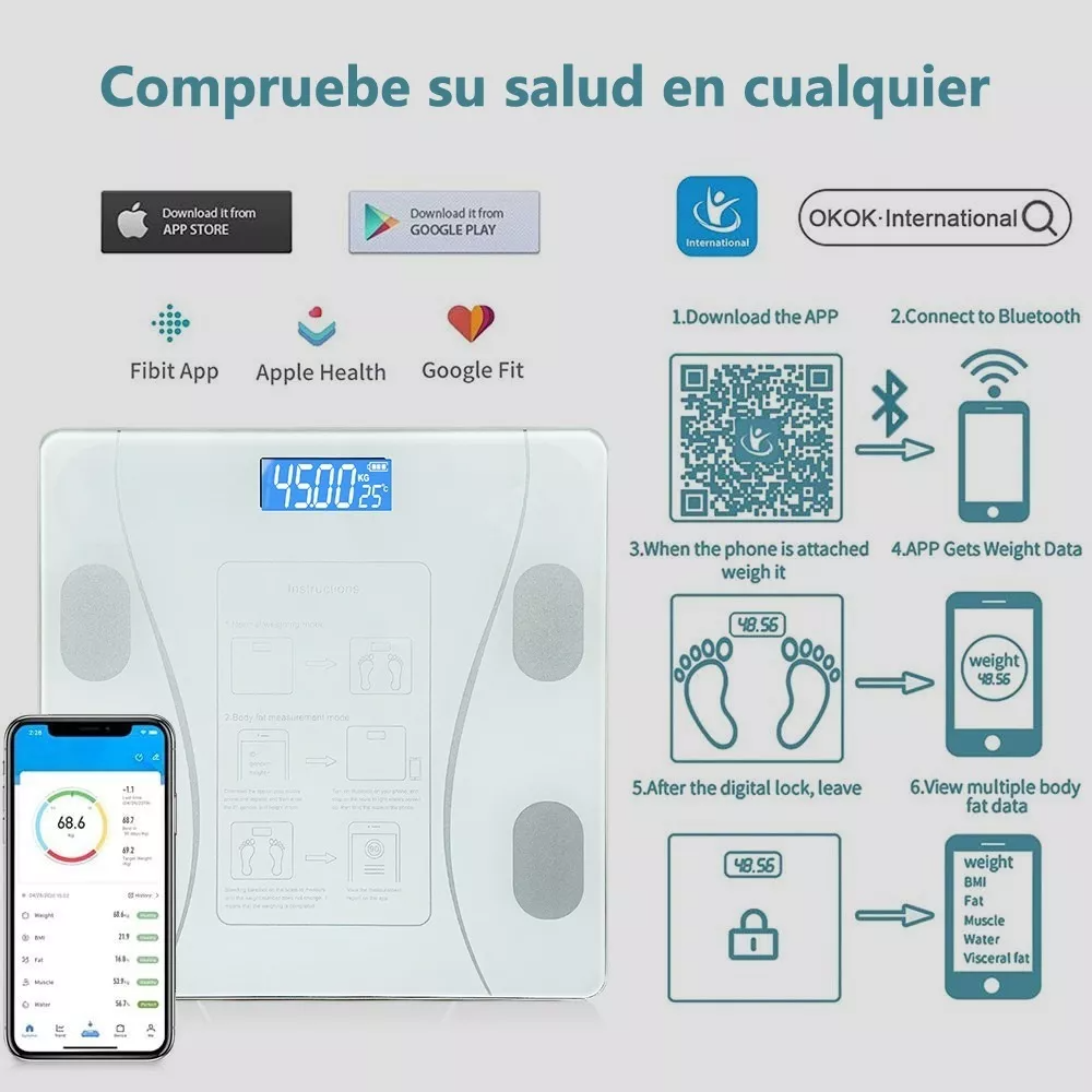 Báscula De Baño Escala De Grasa Corporal Inteligente peso, IMC, grasa corporal, agua , grasa visceral, edad corporal, masa muscular, masa ósea, proteínas, masa corporal magra, niveles de obesidad, metabolismo basal.