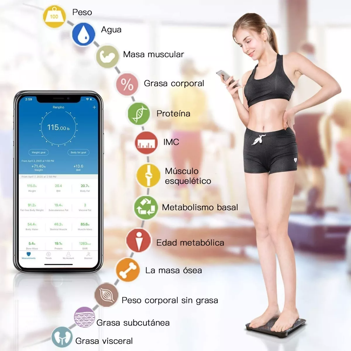 Báscula De Baño Escala De Grasa Corporal Inteligente peso, IMC, grasa corporal, agua , grasa visceral, edad corporal, masa muscular, masa ósea, proteínas, masa corporal magra, niveles de obesidad, metabolismo basal.