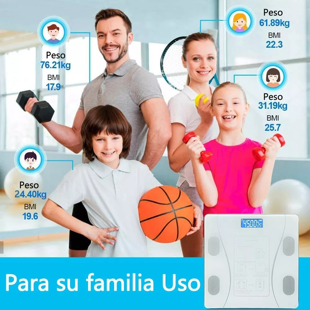 Báscula De Baño Escala De Grasa Corporal Inteligente peso, IMC, grasa corporal, agua , grasa visceral, edad corporal, masa muscular, masa ósea, proteínas, masa corporal magra, niveles de obesidad, metabolismo basal.