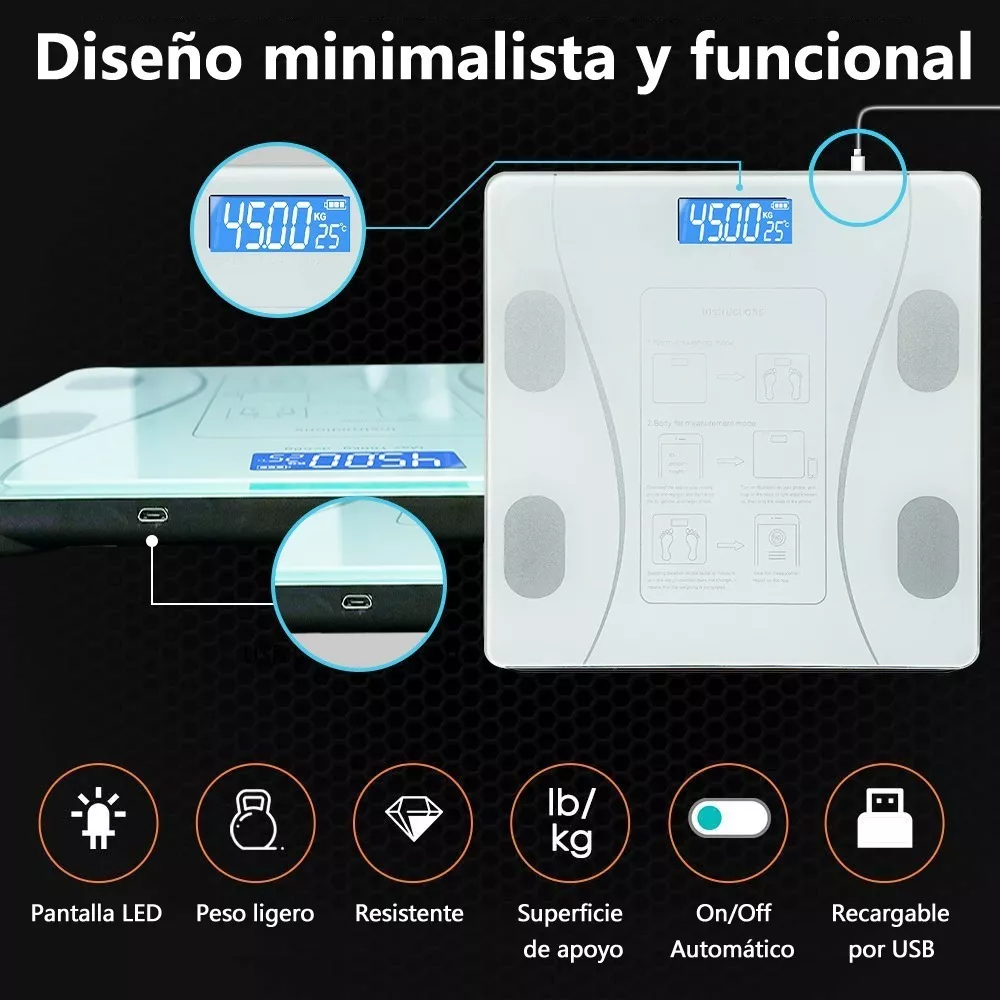 Báscula De Baño Escala De Grasa Corporal Inteligente peso, IMC, grasa corporal, agua , grasa visceral, edad corporal, masa muscular, masa ósea, proteínas, masa corporal magra, niveles de obesidad, metabolismo basal.